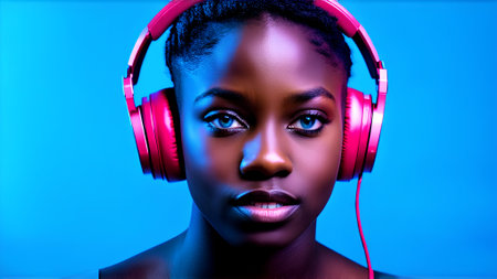 Beautiful african american woman listening to music with headphones on blue backgroundの素材