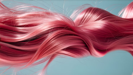 close-up of pink hair on a blue background in the studioの素材