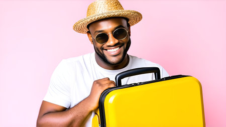 Cheerful african american man in hat and sunglasses with suitcase on pink backgroundの素材