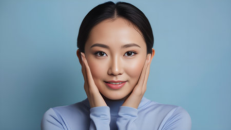 beautiful smiling asian woman touching her face with both hands isolated on blueの素材