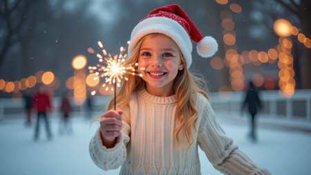 christmas, holidays, celebration and people concept - smiling little girl in santa helper hat with sparkler over ice rink backgroundの素材