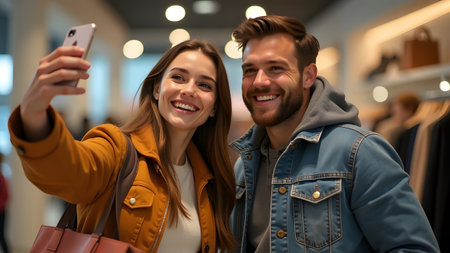 A happy couple takes a selfie on a smartphone at the mall, smiling cheerfullyの素材