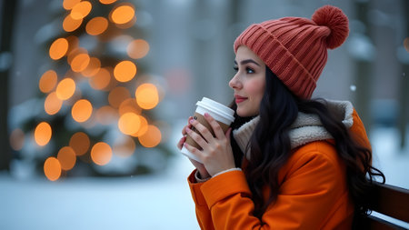 beautiful young woman in winter clothes holding a cup of coffee and smilingの素材