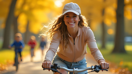 Portrait of happy young woman riding bicycle in park on sunny autumn dayの素材