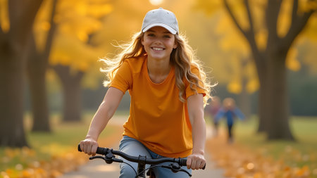Happy young woman riding bicycle in autumn park. Sport and healthy lifestyle.の素材