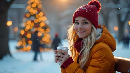Young woman with a cup of coffee in the city at Christmas timeの素材