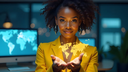 african american businesswoman in yellow suit holding world map in officeの素材