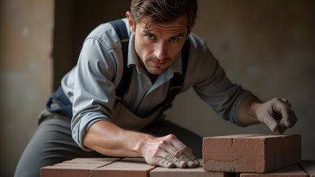 Handsome young construction worker building brick wall at the construction siteの素材