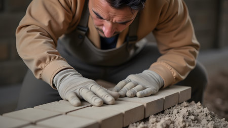 Carpenter working with wooden blocks at construction site, closeupの素材