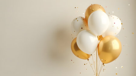 3d render of golden and white balloons with confetti on white backgroundの素材