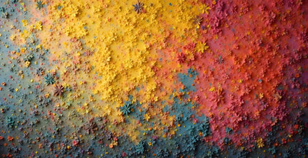 Abstract colorful background with multicolored drops of paint. Top view.の素材