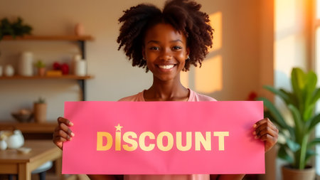 african american woman holding a sign with the word discount.の素材