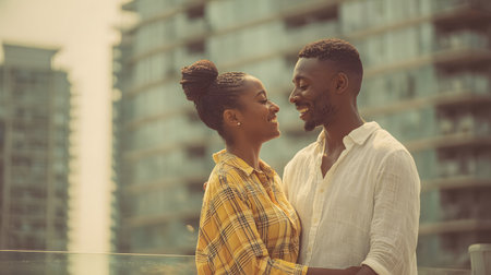 Young african american couple looking at each other and smiling outdoorsの素材
