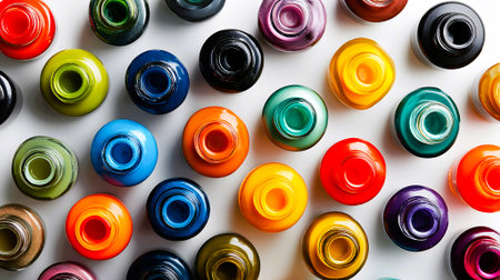 Colorful nail polish bottles isolated on white background. Top view.の素材