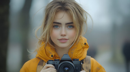 Beautiful blonde girl in a yellow jacket with a camera in her handsの素材