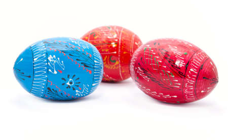 Beautiful decorated Easter eggs on the white backgroundの写真素材