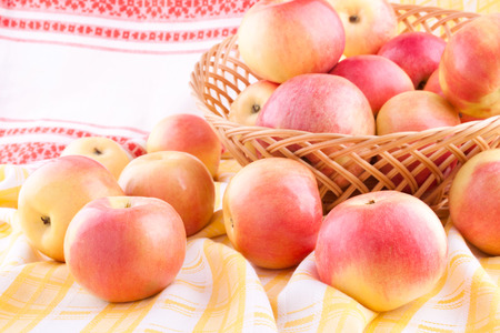 The still life with delicious apples scattered on the tableclothの写真素材