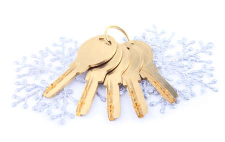 Brand-new house keys lying on the silver snowflakesの写真素材