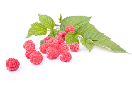 The heap of freshly collected raspberries decorated with green leaves