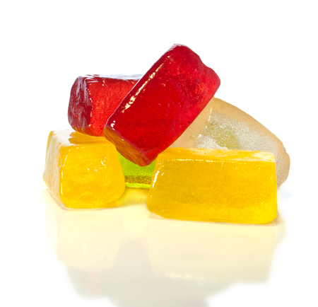 Yummy jelly candies, close up on the white backgroundの写真素材