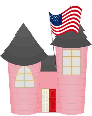 Pink Castle Like House with US Flag, Isolated on Whiteのイラスト素材