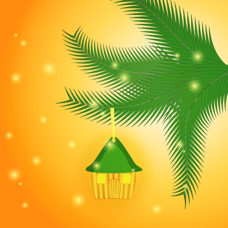 Background with Little House as a Christmas Toy Hanging on the Christmas Tree.のイラスト素材