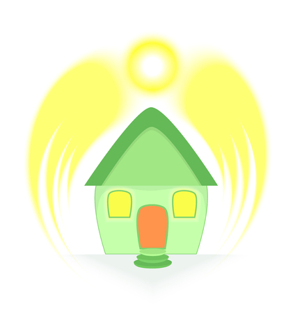 Sun Protecting Little Green House with Sunrays. Isolated on White. Vector Illustration of the Solar Usage.のイラスト素材