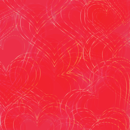 Seamless Background with Red Heart Shapes and Golden Contours Placed Chaoticallyのイラスト素材