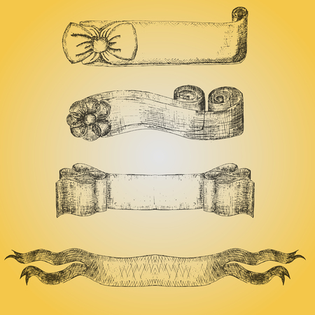 Set with Four Vintage Ribbon Scketches on the Yellow Backgroundのイラスト素材