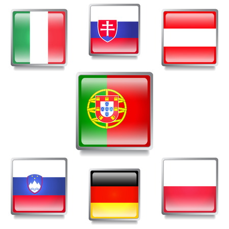 Seven  European  Flags Made as Glossy Colorful Web Buttons with Grey Frames.のイラスト素材