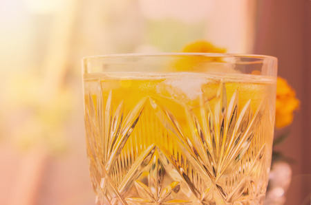 Glass of White Wine with Ice in the Sunset Dusk  Lightingの写真素材