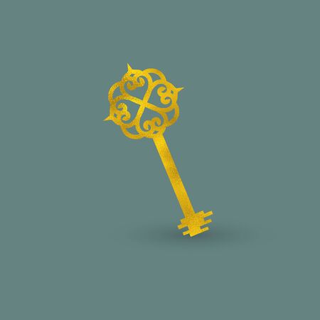 Vintage  Key with Golden Texture Isolated on the Colored Background.のイラスト素材