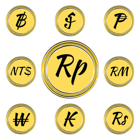 Set of Coins with Symbols of 9 Asian Currencies. Hand Drawn Coins.のイラスト素材