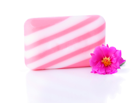 One Striped Soap Bar and Purslane Flower, Isolated on Whiteの写真素材