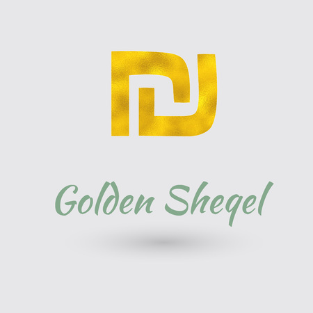 Symbol of the Sheqel Currency with Golden Texture. Text with the Israel Currency Nameのイラスト素材