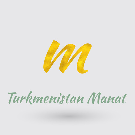 Symbol of the Turkmenistan Manat currency with Golden Texture. Text with the Turkmenistan Currency Name.のイラスト素材