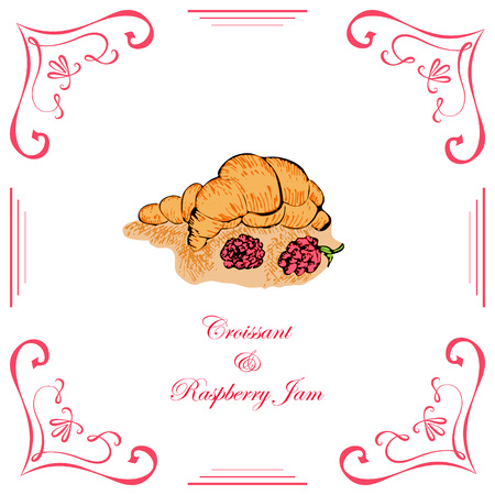 Croissant with Raspberry Jam and Raspberries Decorated in Vintage Retro Style.のイラスト素材