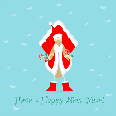 Cute Cockerel in Santa Claus Dress with Pockets Full of Sweets Placed on the Blue Background with White Feathers. China Calendar Horoscope Symbol. 2017 Animalのイラスト素材