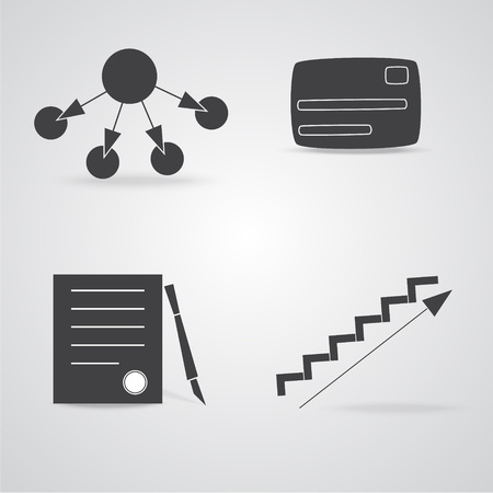 Business Flat Icons with Simple Distribution Scheme, Credit or Debit Card, Paper with Stamp and Pen and Symbolic Career Ladder.のイラスト素材
