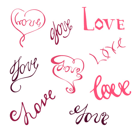 Set with Handdrawn Word Love Made in Red Colors. Design Element to Valentine Day Cards.のイラスト素材