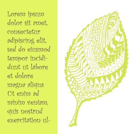 Pastel Stylized Leaflet for Fall Season with Ornamented Leaf in Doodle Style. Halved Background in White and Green Color with Place for Text.のイラスト素材