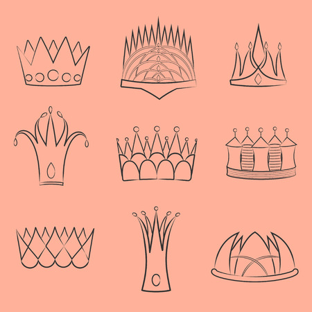 Set with Diverse Outlined Fantasy Crown Contoursのイラスト素材