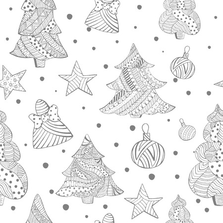 Grayscale Seamless with Christmas Fir Trees, Toysのイラスト素材
