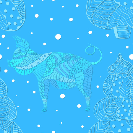 Pattern with Mosaic Pig and Christmas Treesのイラスト素材