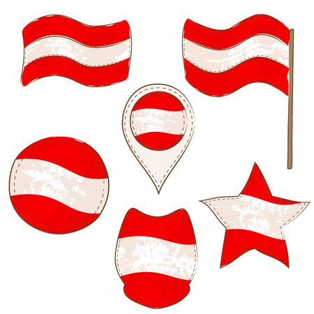 Flag of Austria Made in Different Variations, as Flag with and without Stick, in a Circle, as a Shield, Star and Map Pointer. Flag Shapes with Contours, Decorated with Dotted Stitch and Brush Texture.のイラスト素材