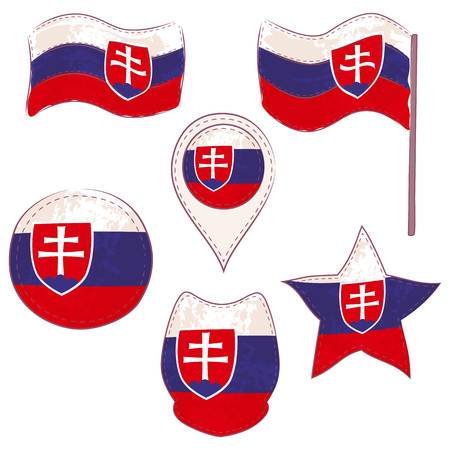 Flag of Slovakia Made in Different Variations, as Flag with and without Stick, in a Circle, as Shield, Star and Map Pointer. Flag Shapes with Contours, Decorated with Dotted Stitch and Brush Texture.のイラスト素材