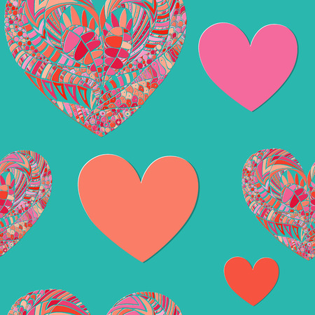 Seamless Pattern with Red Ornated Mosaic Heartsのイラスト素材