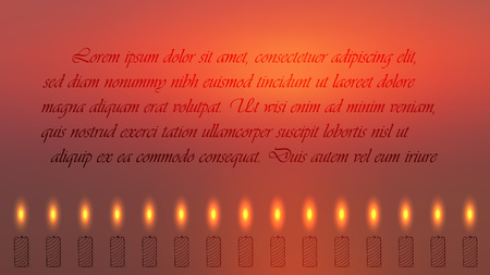 Blurred Red Colors Religion Related Banner with Lighted Candles Placed in a Row and Sample Text. Hand Drawn Candles. Vector Illustration for Religion, Mindfullness and Spiritual Themes.のイラスト素材