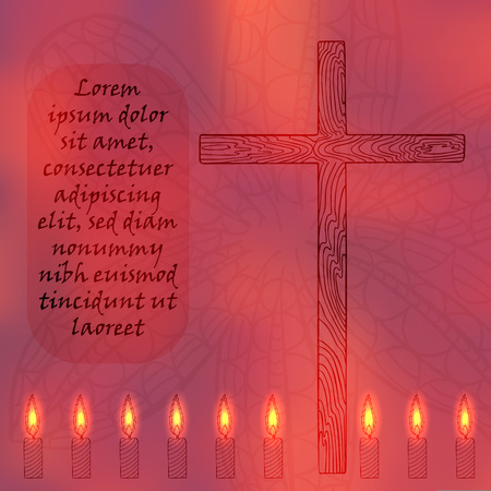 Religion Related Poster with Lighted Candles Placed in a Row and Sample Text. Hand Drawn Candles, Wooden Cross and Lily Flowers. Vector Illustration for Religion, Mindfullness and Spiritual Themes.のイラスト素材