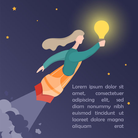Women with Shine Lamp Flying on the Rocketのイラスト素材